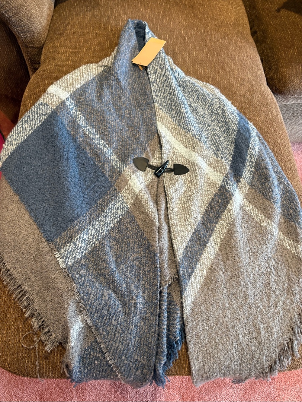 Plaid Hooded Wrap Shawl in Blue and Gray